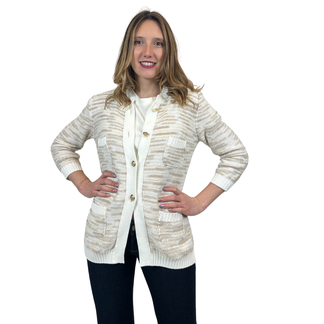 AMINA RUBINACCI Cardigan lungo bianco e beige