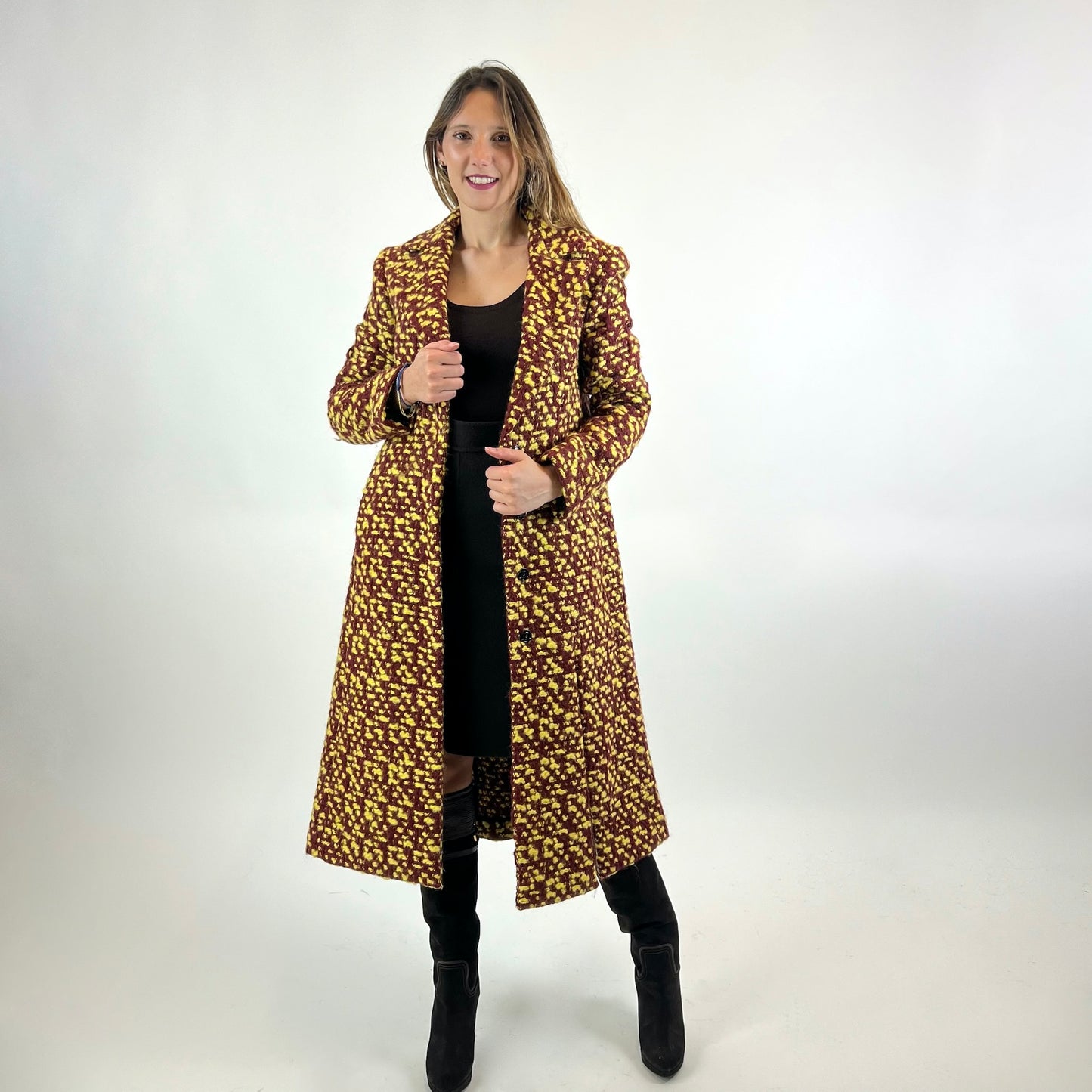 CHRISTIAN DIOR Cappotto bouclè mattone e giallo con spacchi