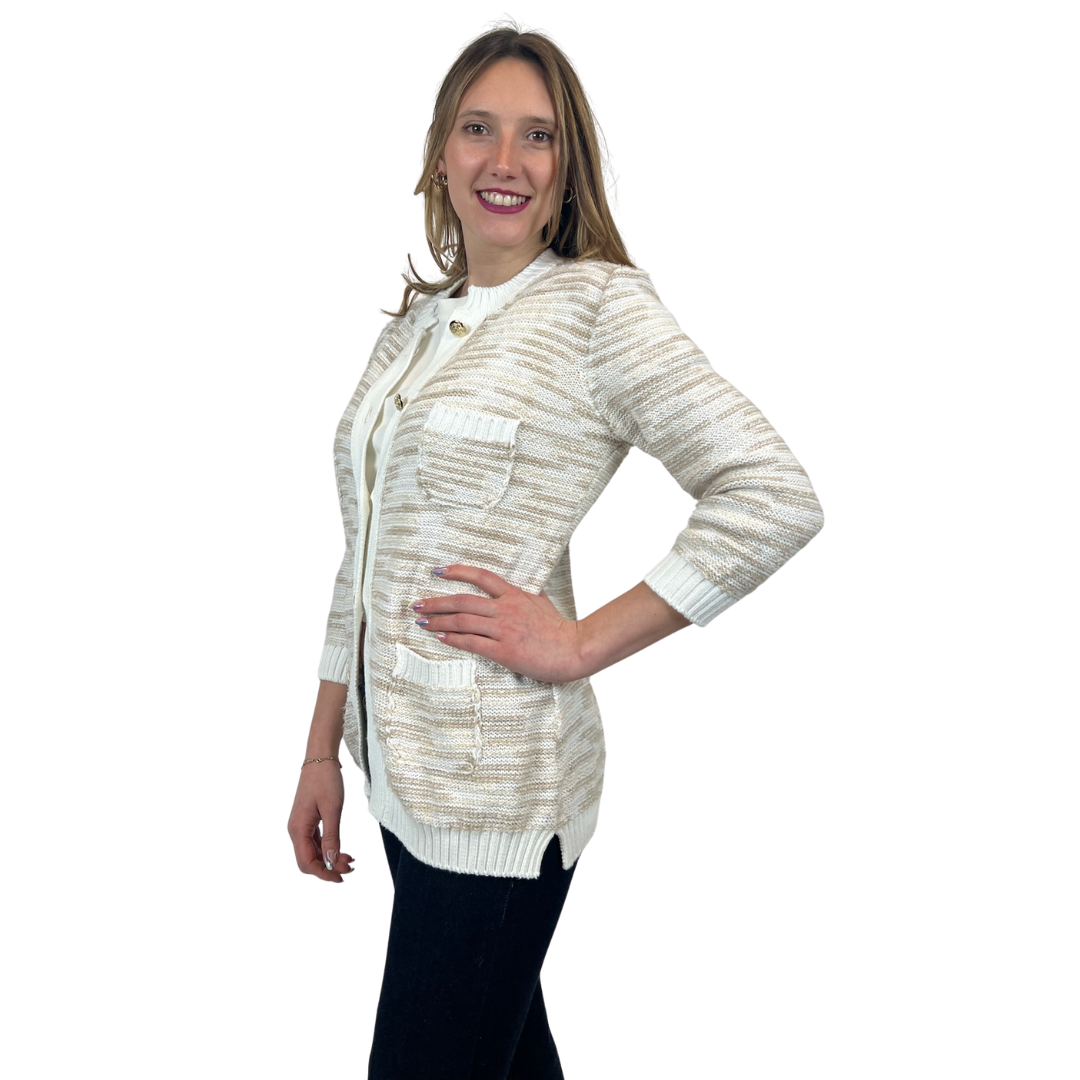 AMINA RUBINACCI Cardigan lungo bianco e beige