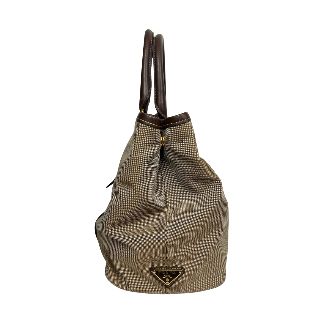 PRADA Borsa 2 Way in canvas beige e pelle marrone