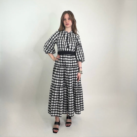 OTTODAME Abito lungo vichy bianco nero