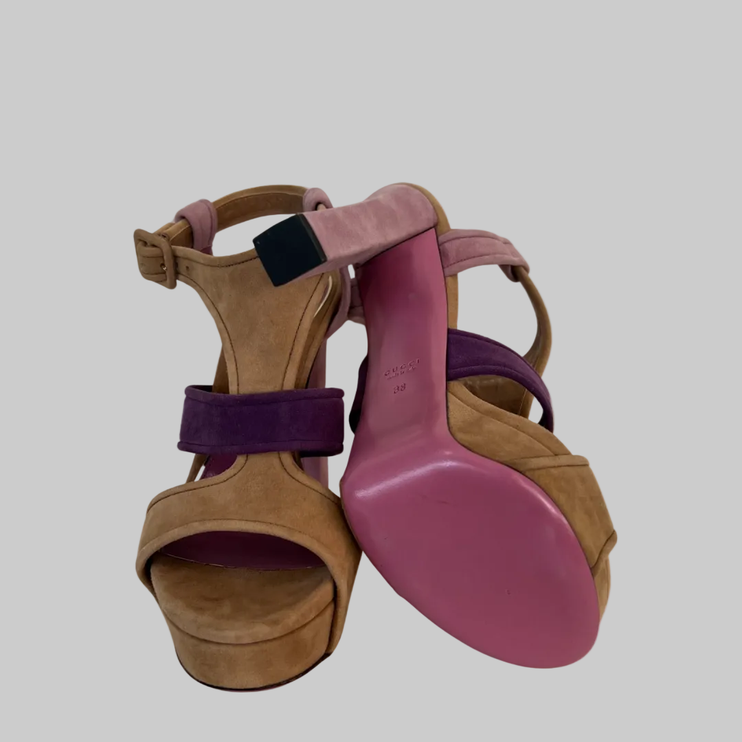 GUCCI Sandali scamosciati beige rosa e viola