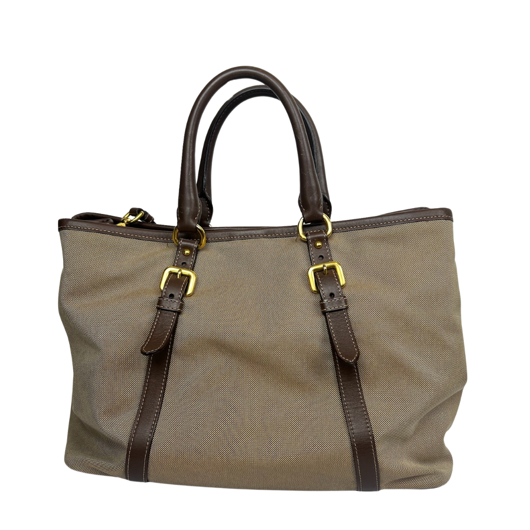 PRADA Borsa 2 Way in canvas beige e pelle marrone
