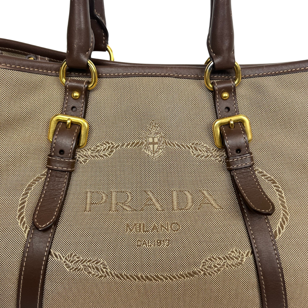 PRADA Borsa 2 Way in canvas beige e pelle marrone