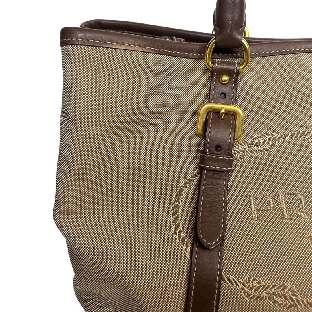 PRADA Borsa 2 Way in canvas beige e pelle marrone