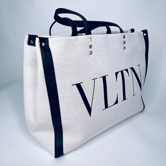 VALENTINO Borsa in canvas naturale con profili neri