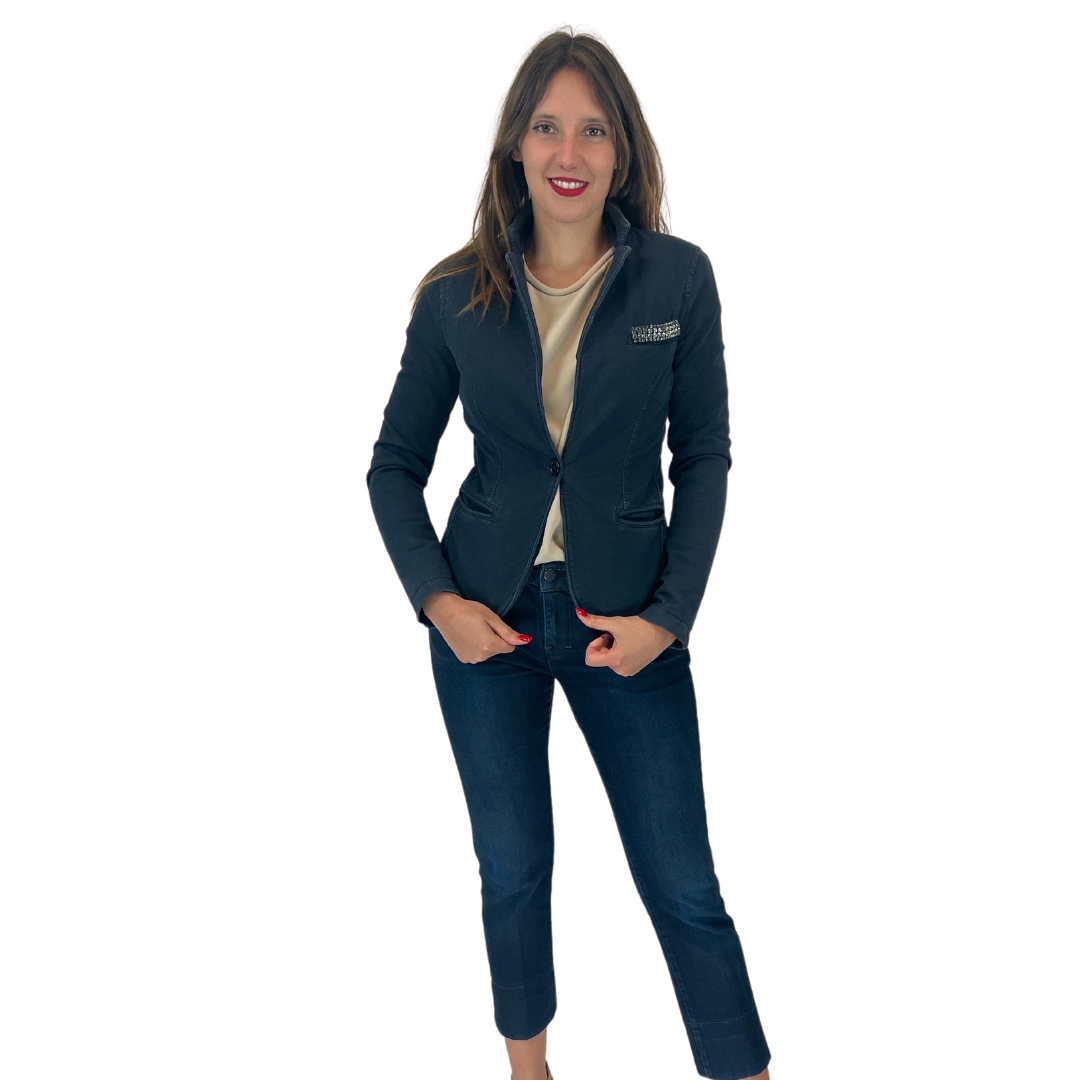 Giacca blazer tipo felpa blu notte modello classico con bordo taschino in strass