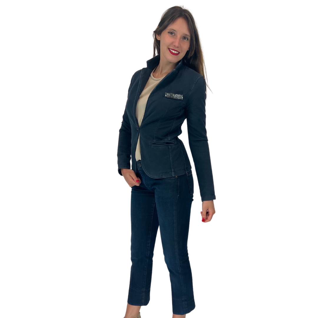 Giacca blazer tipo felpa blu notte modello classico con bordo taschino in strass
