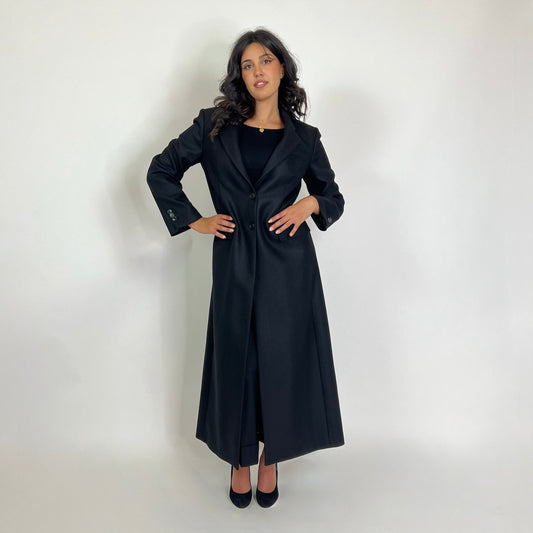 BLACK BRAND Cappotto lungo nero in lane miste con spacco profondo