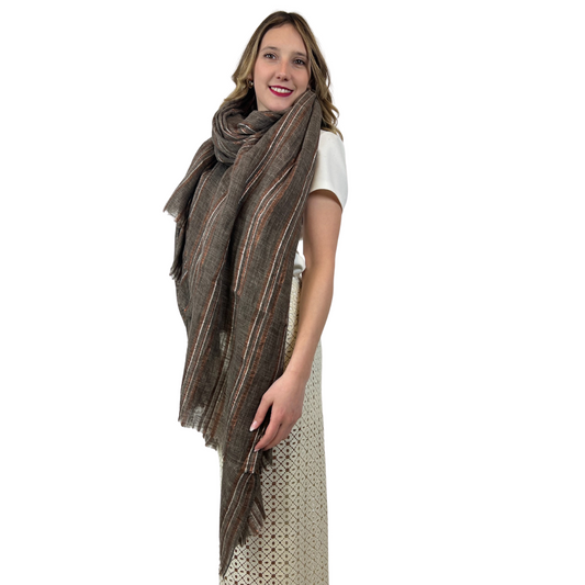 BRUNELLO CUCINELLI Maxi stola in cotone e lino marrone