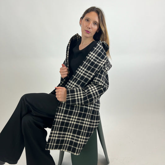 BURBERRY Cappotto in lana check nero e bianco