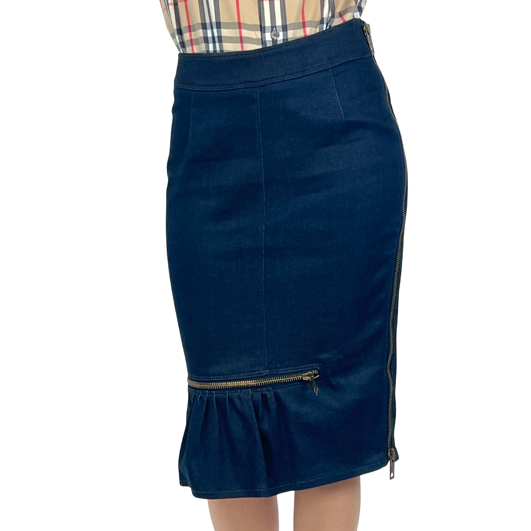 BURBERRY Gonna tubino in jeans con volant