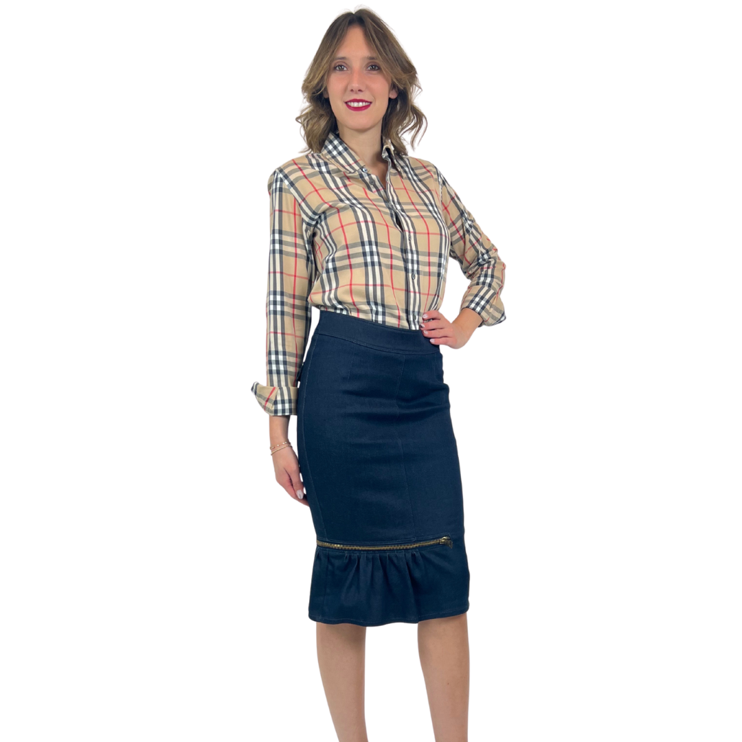 BURBERRY Gonna tubino in jeans con volant