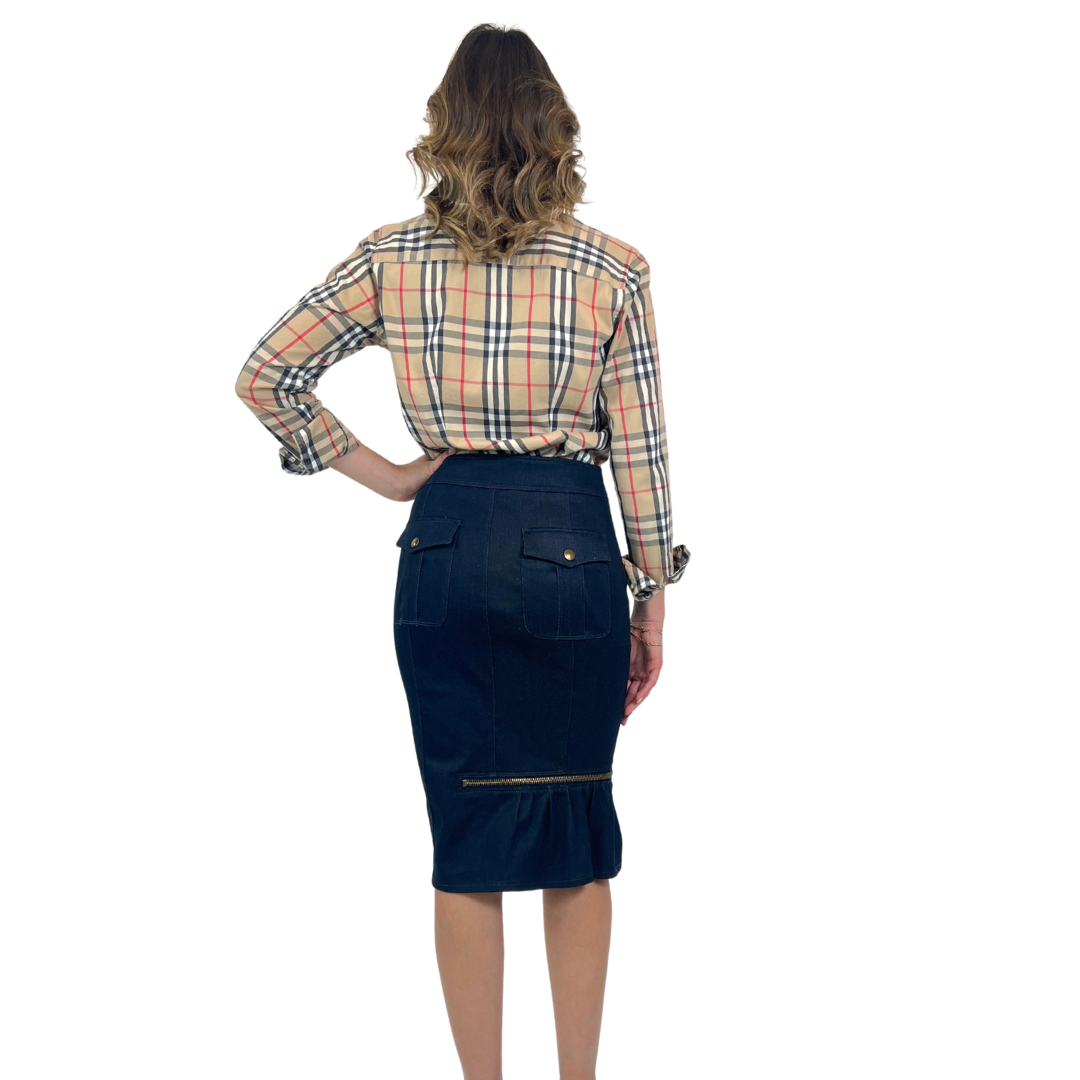BURBERRY Gonna tubino in jeans con volant