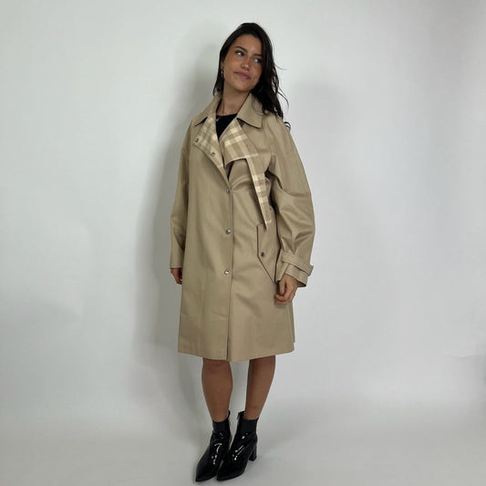 BURBERRY Trench impermeabile lungo cotone beige e fodera check chiara