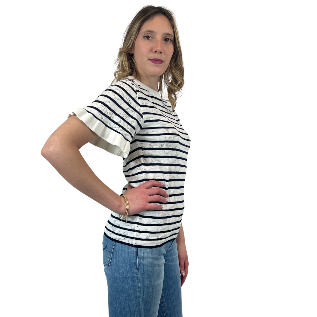 CHLOÈ T-shirt traforata rigata bianca e blu