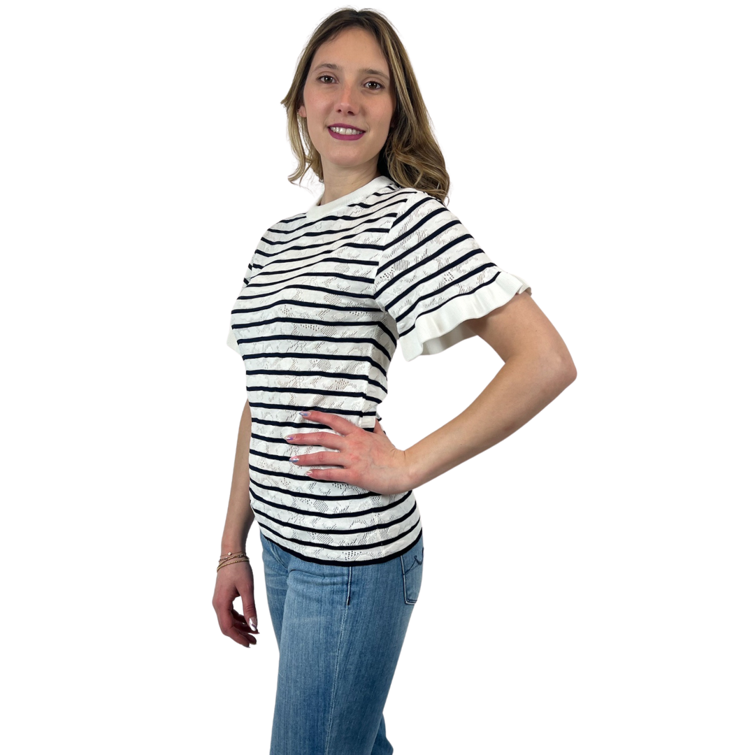 CHLOÈ T-shirt traforata rigata bianca e blu