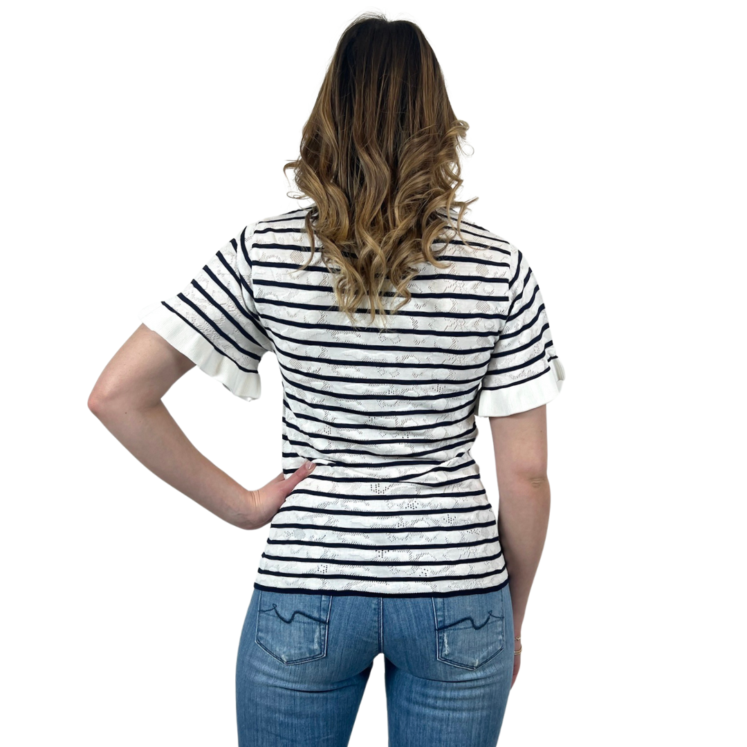 CHLOÈ T-shirt traforata rigata bianca e blu