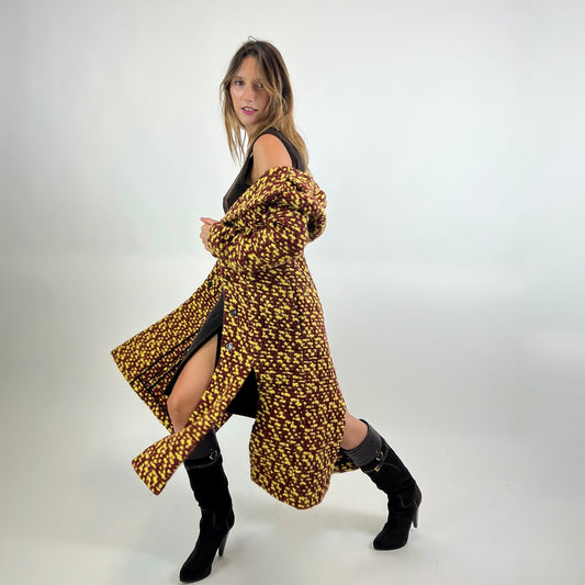 CHRISTIAN DIOR Cappotto bouclè mattone e giallo con spacchi