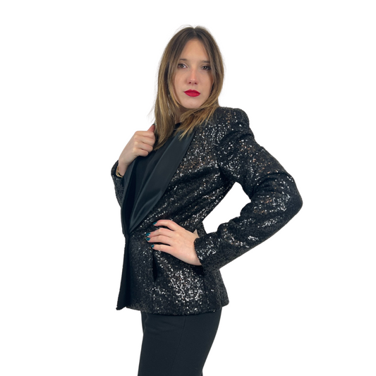 GIORGIO KAUTEN Giacca blazer in raso nero con micro paillettes