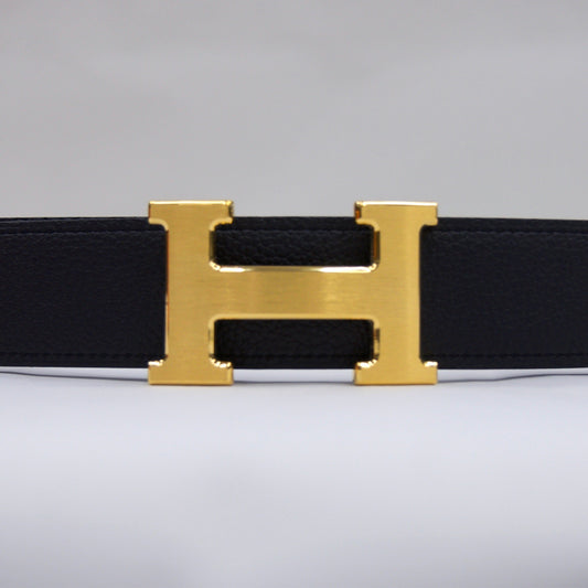 HERMES Cintura blu notte reversibile marrone con fibbia H oro satinato