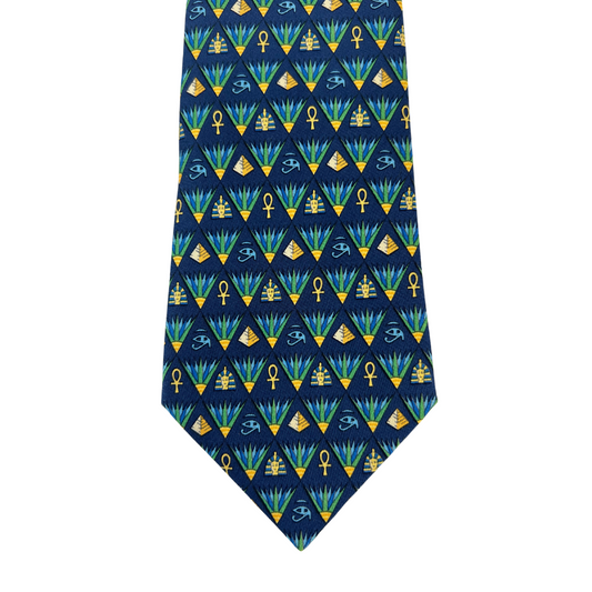 HERMES Cravatta blu con disegni egizi