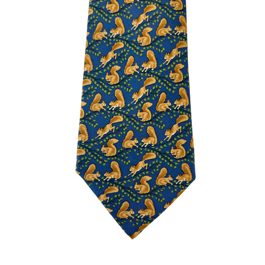 HERMES Cravatta seta blu con disegni scoiattoli