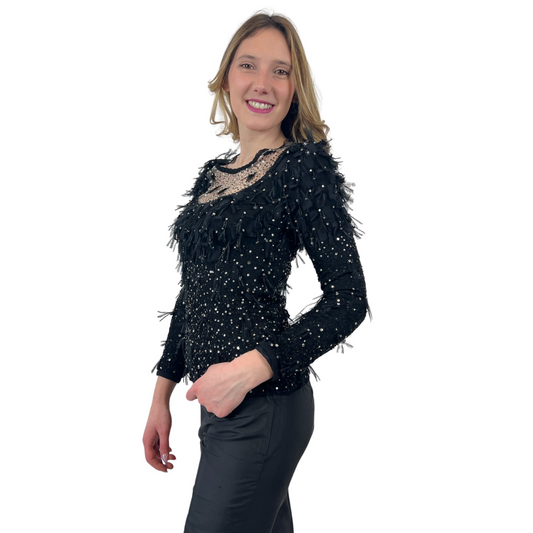 N.N. Casacca in maglia di seta nera con cristalli piume e paillettes