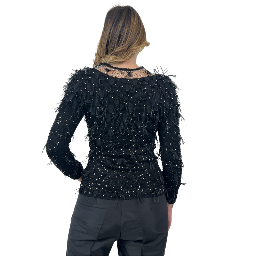 N.N. Casacca in maglia di seta nera con cristalli piume e paillettes