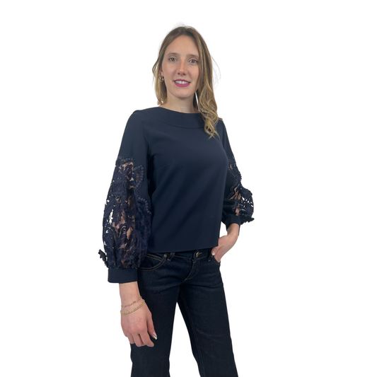 OSCAR DE LA RENTA Casacca blu con inserto pizzo e fiori