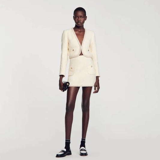 SANDRO Completo bouclé panna con perle