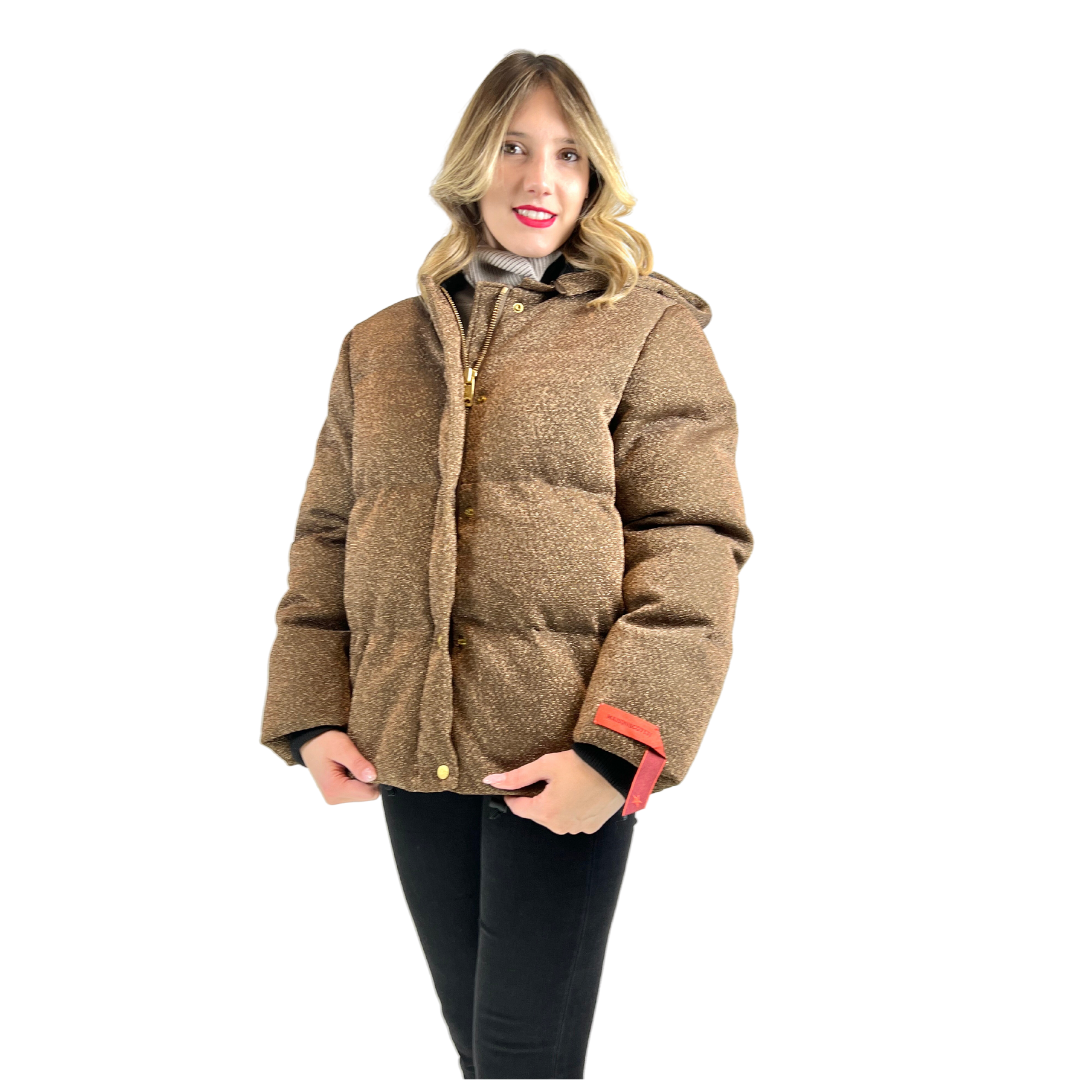 Piumino giacca bronzo, marrone con glitter oro, cappuccio e polsi in maglia nera.