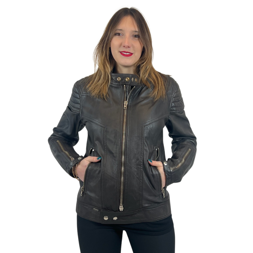 SWORD Giacca bikers in pelle marrone