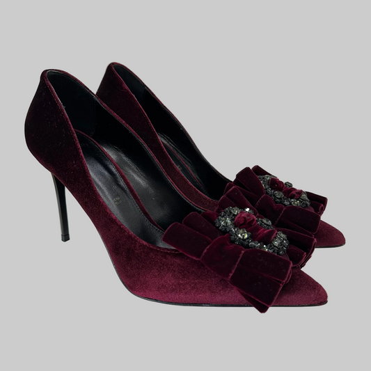 TIPE E TACCHI Scarpa décolleté velluto rosso burgundi con fiocco e pietre