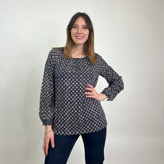 TORY BURCH Casacca in seta blu con piccoli fiori bianchi
