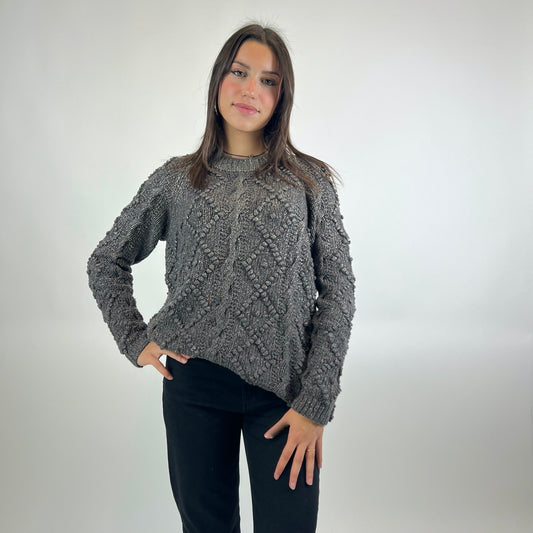 TORY BURCH Maglione grigio marrone melange con rombi e trecce