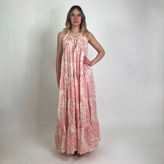 YVONNE S. Abito lungo in garza di cotone stampa cashmere rosa