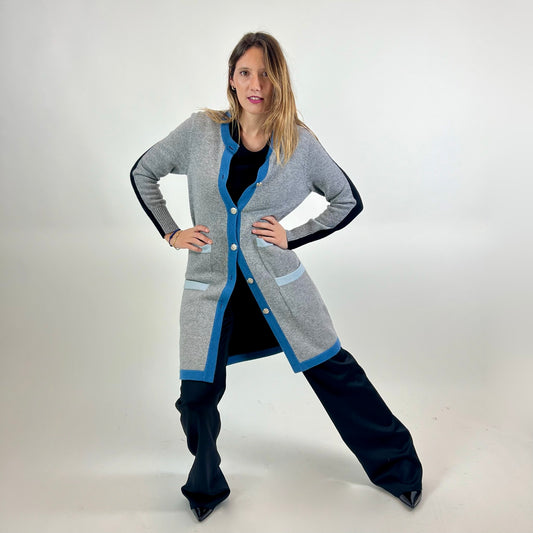 ALBINO MORETTI Cardigan lungo in cashmere grigio azzurro e nero