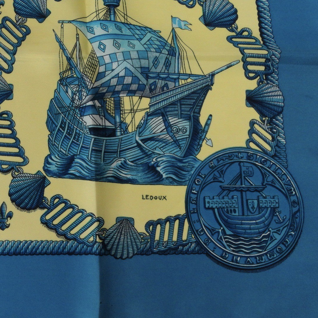 FOULARD CARRÈ HERMES STAMPA VELIERO FONDO GIALLO CHIARO E TURCHESE