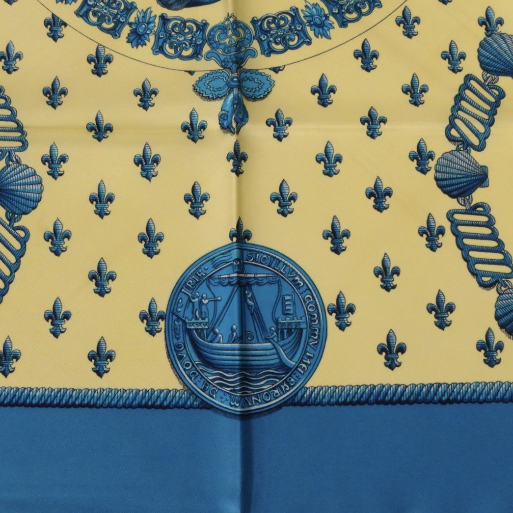 FOULARD CARRÈ HERMES STAMPA VELIERO FONDO GIALLO CHIARO E TURCHESE