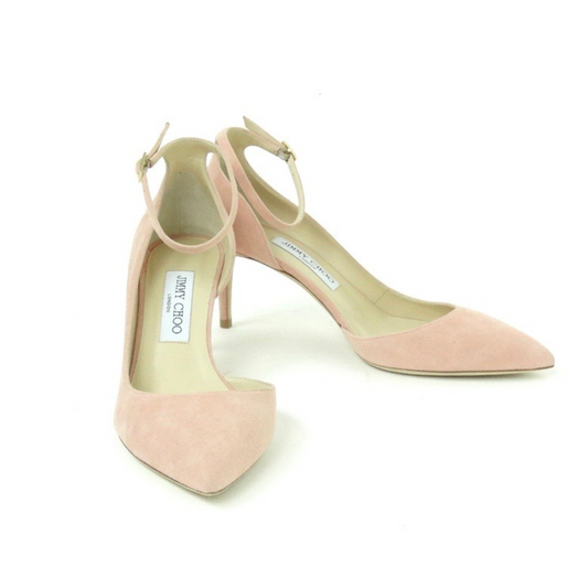 Scarpe décolleté in pelle scamosciata rosa pallido con punta, e aperta all'interno, laccio alla caviglia e tacco medio.