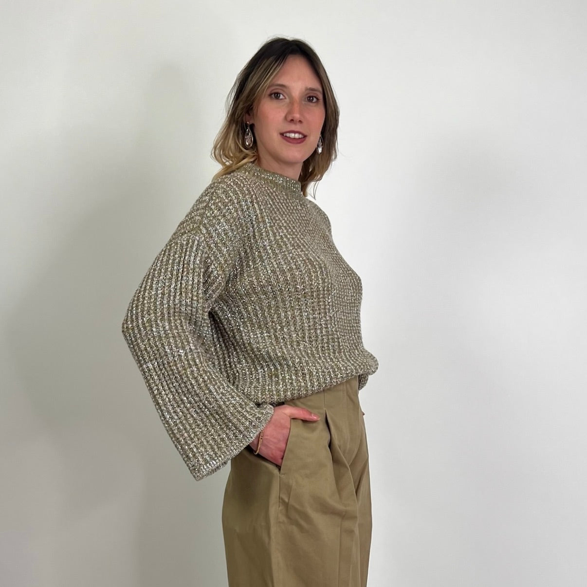 FORTE FORTE Maglione tortora con filo lamè argento