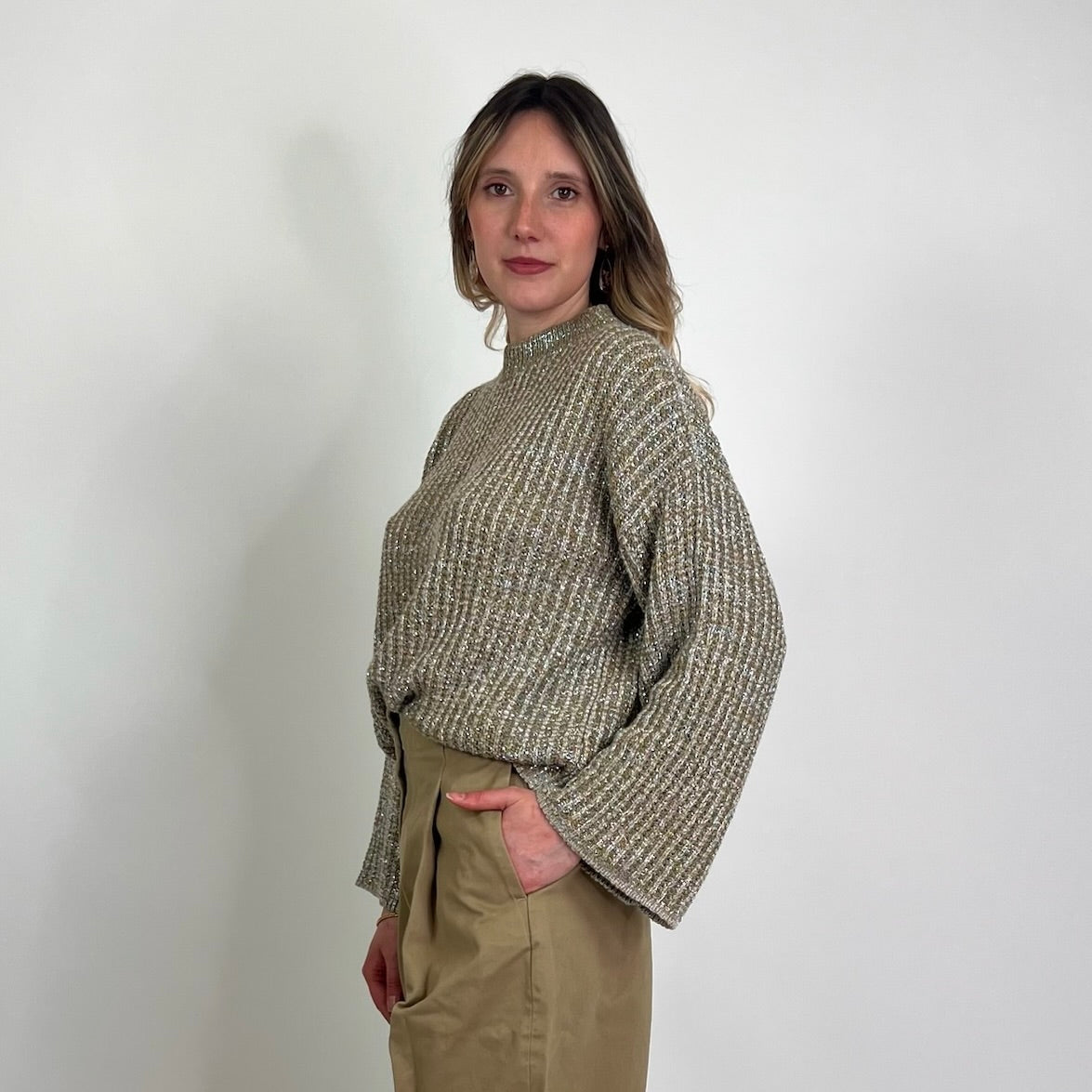 FORTE FORTE Maglione tortora con filo lamè argento