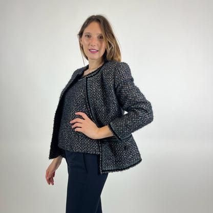 ALBINO MORETTI Completo giacca e top in tessuto bouclé blu e nero