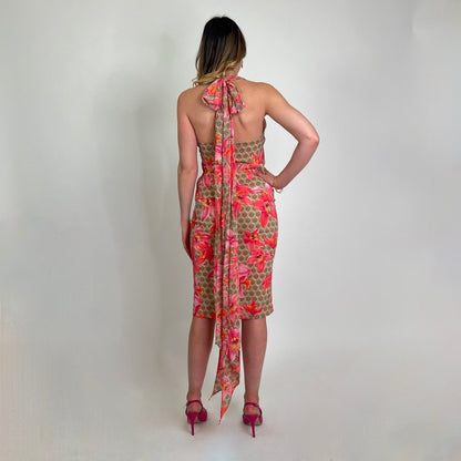 VERSACE Completo in seta tortora con fiori rosa