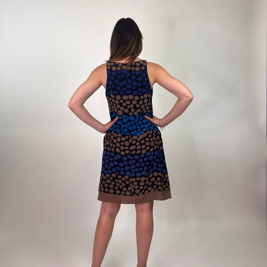 LORO PIANA Abito in seta pois blu e tabacco