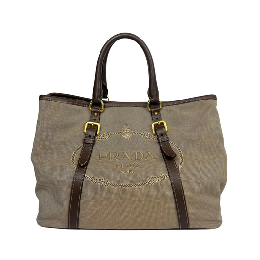 PRADA Borsa 2 Way in canvas beige e pelle marrone
