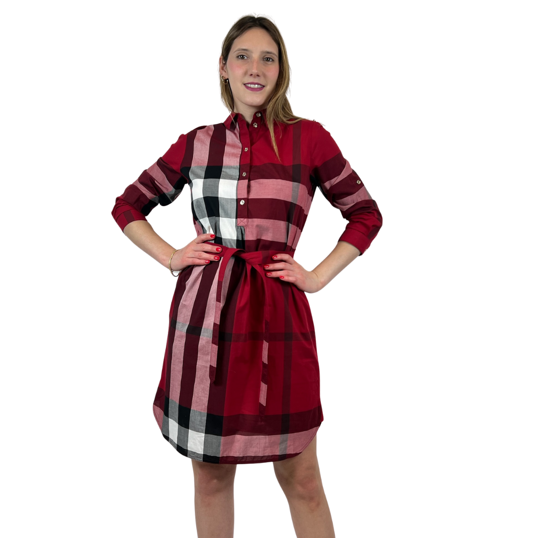 BURBERRY Abito in cotone stampa check rosso scuro