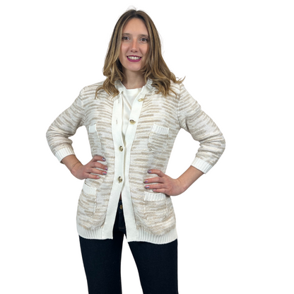 AMINA RUBINACCI Cardigan lungo bianco e beige