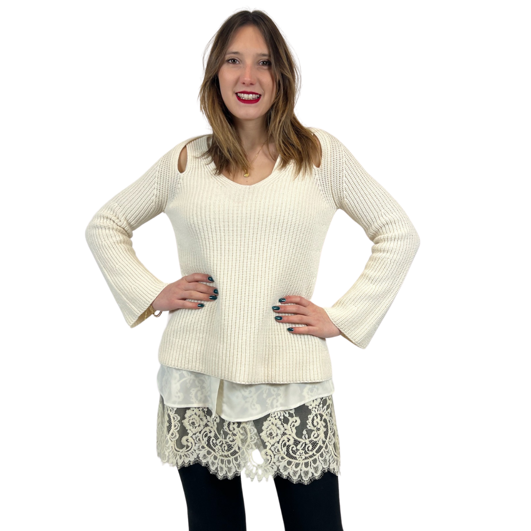 TWIN SET Maglione panna lungo con pizzo